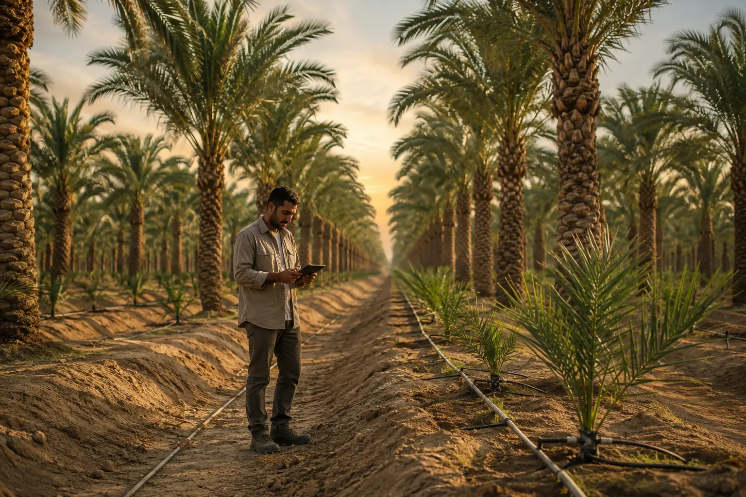 مهندس زراعي يتابع بيانات مزرعة النخيل من جهاز لوحي